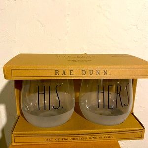 Rae Dunn His & Hers Stemless Wine Glasses- New in Box Never Used!